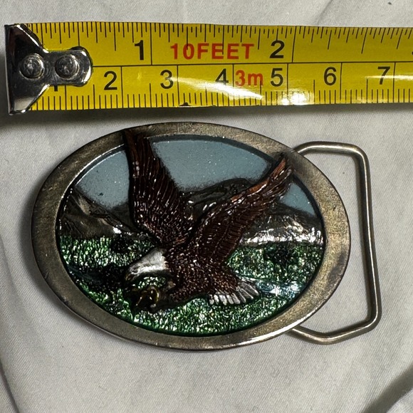 Vintage Belt Buckle Eagle in Flight Mountains River Tree By C&J in USA 1985 2.5" - Picture 2 of 16